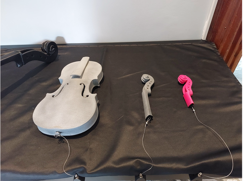 Close-up view of the replica violin displayed in the museum